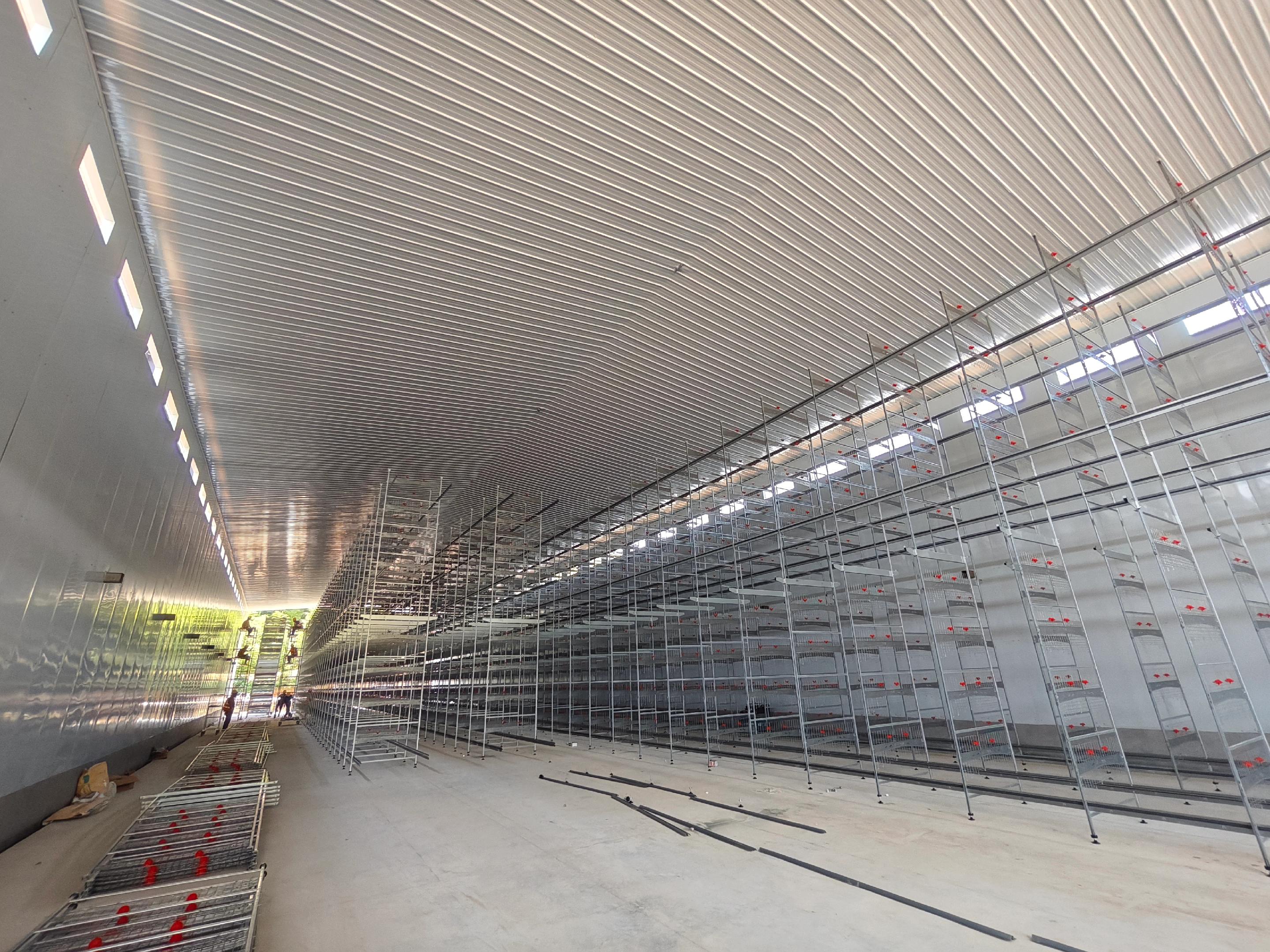 Poultry equipment rows and loose metal rails being assembled at an installation site in South Africa