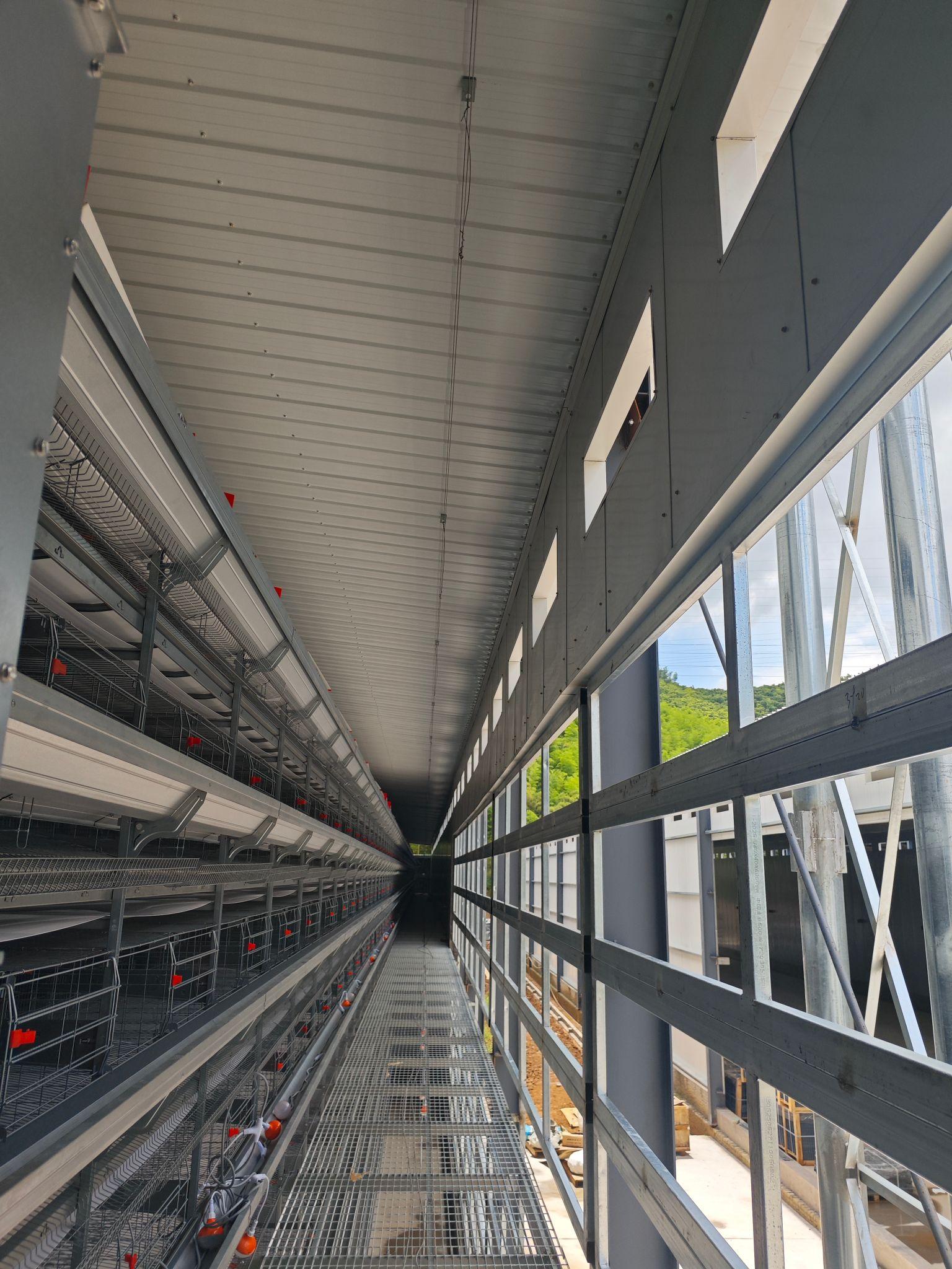 Grated service walkway beside poultry cage rows at a project site in Kuala Lumpur, Malaysia